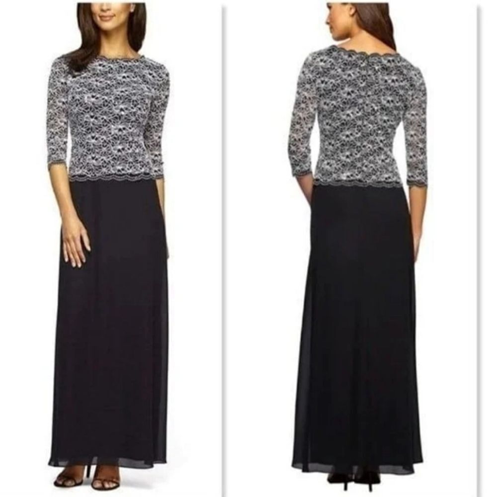 NEW! ALEX EVENINGS | Sequin Lace Bodice Chiffon Gown - [size 16, black/silver]
